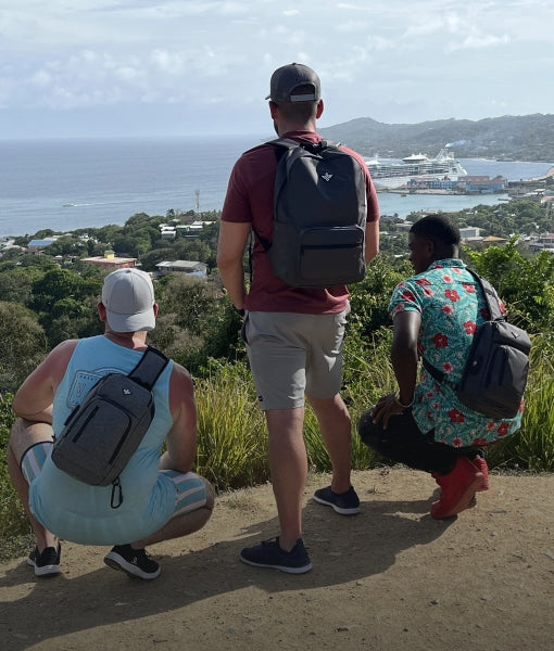 Three men with backpacks face away from the camera, looking out over a coastal town and bay with a cruise ship in the distance.