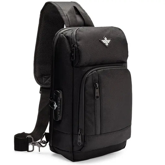 Erozul Equinox Smell Proof Sling Bag with combination lock, multiple zippered compartments, and clipped-on accessory, shown upright on a white background.