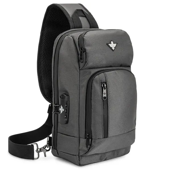 The Erozul Equinox Smell Proof Sling Bag features multiple zippered compartments, a padded adjustable strap, a small front emblem, and a secure combination lock for peace of mind.
