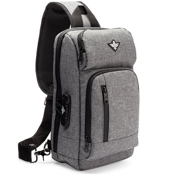 The Erozul Equinox Smell Proof Sling Bag features a gray design, multiple zippered compartments, adjustable padded strap, top pouch logo, enhanced anti-theft security, and a combination lock.