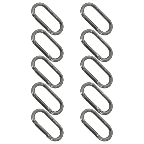 Ten identical Erozul Aluminum Anodized Snap Hook Keyring Carabiners are displayed in two vertical columns against a white background, ideal for everyday carry.
