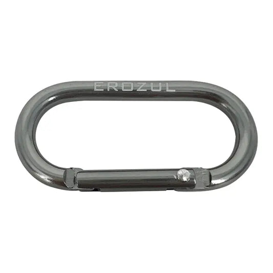 The Erozul Aluminum Anodized Snap Hook Keyring Carabiner features a silver, oval-shaped design with a spring-loaded gate and EROZUL engraved on top, ideal for EDC and part of the Erozul Arsenal.