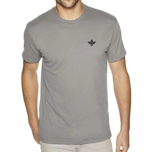 A man wearing the Erozul Premium Crewneck T-Shirt in gray, featuring a small black logo on the left chest, stands against a white background, showcasing Erozul’s superior comfort and classic style.