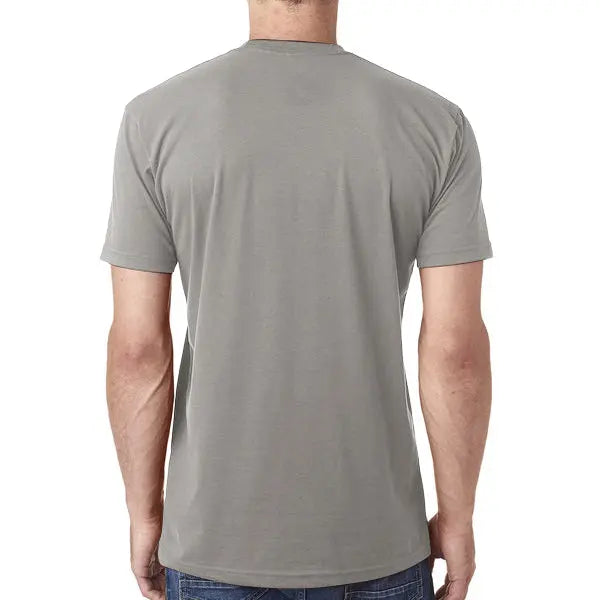 A person is shown from behind wearing an Erozul Premium Crewneck T-Shirt in gray and blue jeans against a white background.