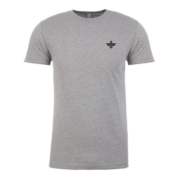 The Erozul Premium Crewneck T-Shirt - Gray by Erozul offers superior comfort, features a small black logo on the left chest, and is shown on a white background.