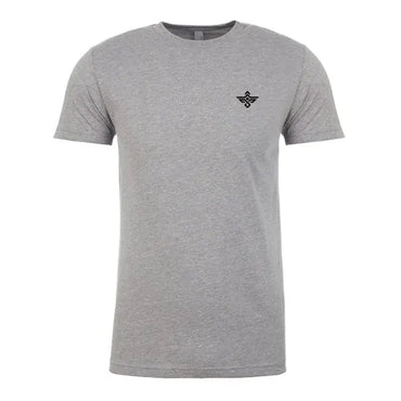 The Erozul Premium Crewneck T-Shirt - Gray by Erozul offers superior comfort, features a small black logo on the left chest, and is shown on a white background.