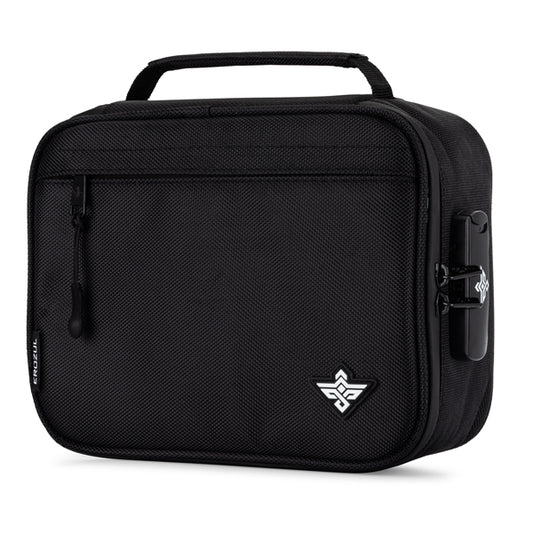 The Erozul Exodus Smell Proof Case With Combination Lock is a black rectangular bag with a top handle, front zipper pocket, and small logo. Its activated charcoal lining keeps your items fresh and odor-free all day.