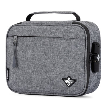 The Erozul Exodus Smell Proof Case features gray fabric, a front zipper pocket, top handle, TSA-approved combination lock, geometric logo on the front corner, and odor-blocking activated charcoal lining.