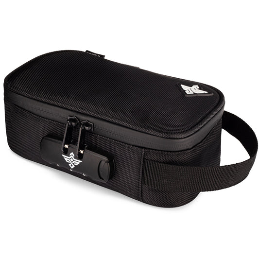 The Erozul Genesis Storage Travel Case is a black, rectangular, water-resistant organizer bag with a combination lock, textured surface, side handle, and a small top-corner logo—perfect for travel.