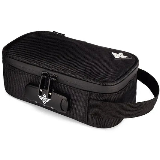 The Erozul Genesis Storage Travel Case is a black, rectangular, water-resistant organizer bag with a combination lock, textured surface, side handle, and a small top-corner logo—perfect for travel.