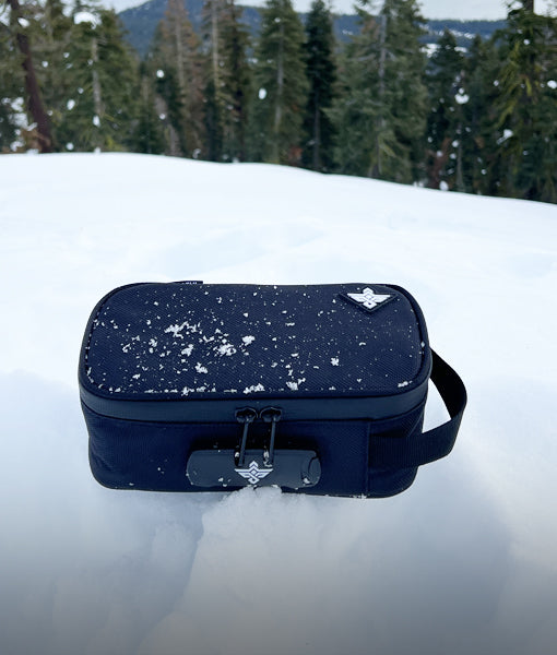 A black travel case with a handle sits on snow, lightly dusted with snowflakes; evergreen trees and mountains are in the background.