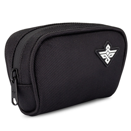 The Erozul Nano Small Smell Proof Slim Pack Pouch V2.0 is a compact black pouch with a textured, water-resistant exterior, white geometric front logo, zipper closure, and advanced 5-layer odor-blocking technology.