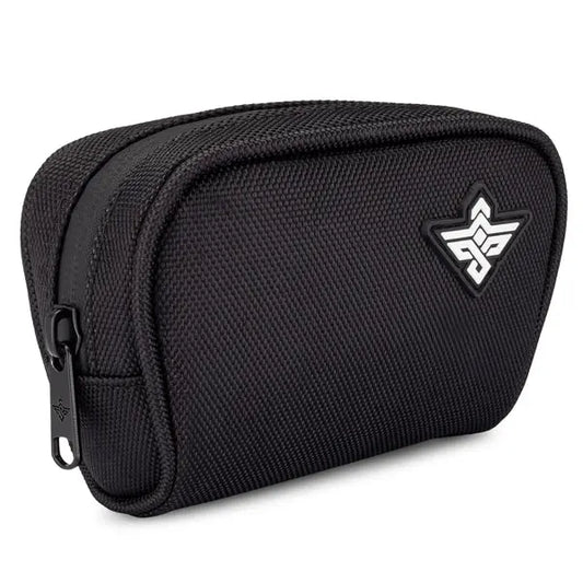 The Erozul Nano Small Smell Proof Slim Pack Pouch V2.0 is a compact black pouch with a textured, water-resistant exterior, white geometric front logo, zipper closure, and advanced 5-layer odor-blocking technology.