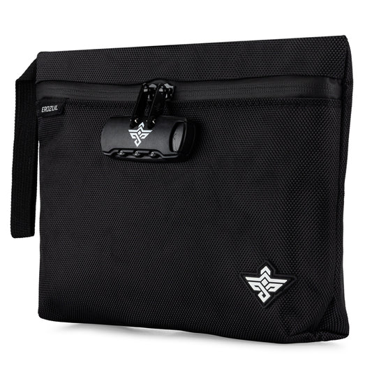 The Erozul Orion Smell Proof Bag With Combination Lock 11 features textured fabric, a black zippered design, side handle, secure lock, and a small white geometric logo in the corner.