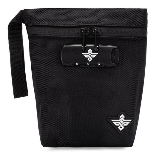 The Erozul Orion Smell Proof Bag With Combination Lock 7 features a black design, left-side handle, smell-proof technology, and a white geometric logo on the front lower right corner.
