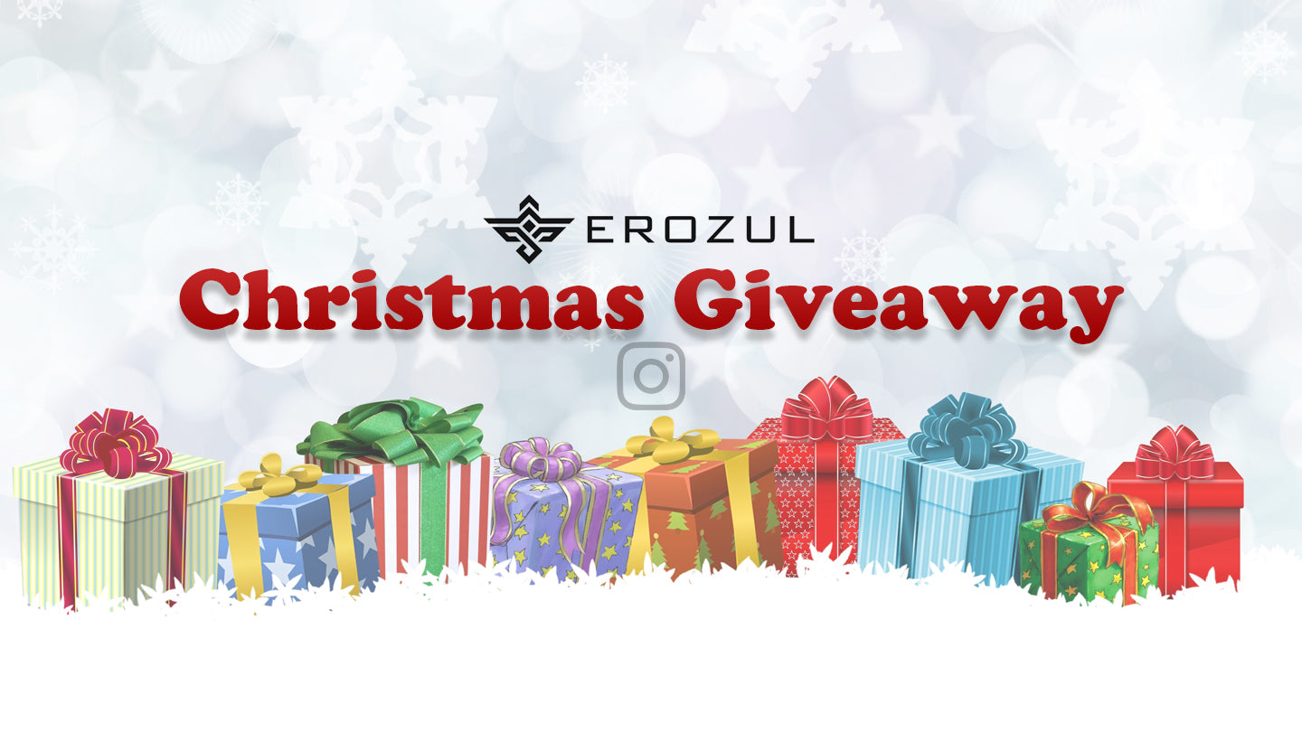 A row of colorful wrapped gift boxes with bows under the text EROZUL Christmas Giveaway on a snowy, festive background.
