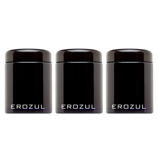 Three Erozul 100 ml airtight wide mouth ultraviolet glass jars with screw tops and high UV protection, labeled Erozul in white, are arranged side by side against a white background.