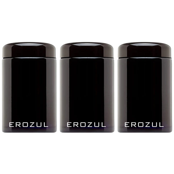 Three identical Erozul 250 ml Ultraviolet Glass Jars with screw-top airtight lids, each labeled EROZUL in white, are arranged side by side against a white background.