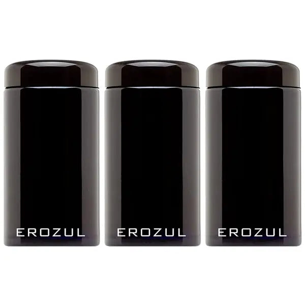Three Erozul 500 ml (1 oz) screw top airtight wide mouth ultraviolet glass jars with EROZUL in white at the front, shown side by side. These jars offer high UV protection to preserve freshness and are designed to be smell-proof.