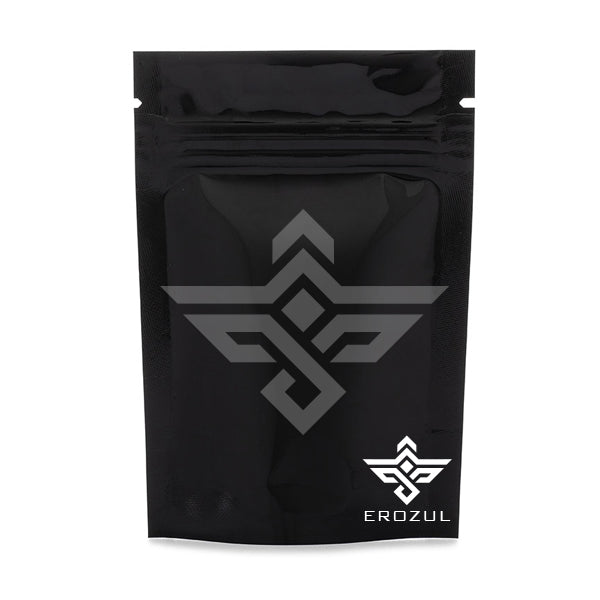 Erozul Black Mylar Bags 1/8 oz – 12 Pack: moisture-resistant stand-up pouches with a geometric logo and EROZUL in white at the bottom right—premium storage for your needs.
