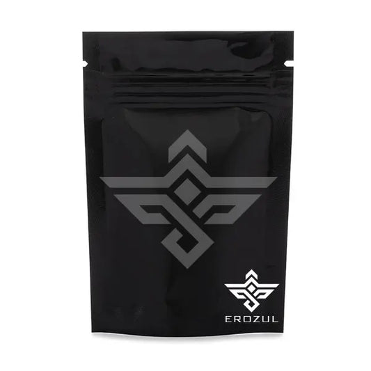 Erozul Black Mylar Bags 1/8 oz – 12 Pack: moisture-resistant stand-up pouches with a geometric logo and EROZUL in white at the bottom right—premium storage for your needs.