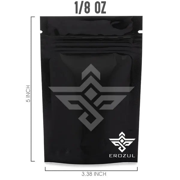 The Erozul Black Mylar Bags 1/8 oz - 12 Pack feature moisture-resistant, resealable pouches (5 x 3.38) with the logo on the front for secure storage.
