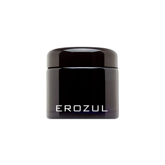 The Erozul 60 ml (2 fl oz) Screw Top Airtight Wide Mouth Ultraviolet Glass Jar features a glossy black cylindrical design with EROZUL in white on the front and an airtight lid to keep contents fresh and odor-proof.