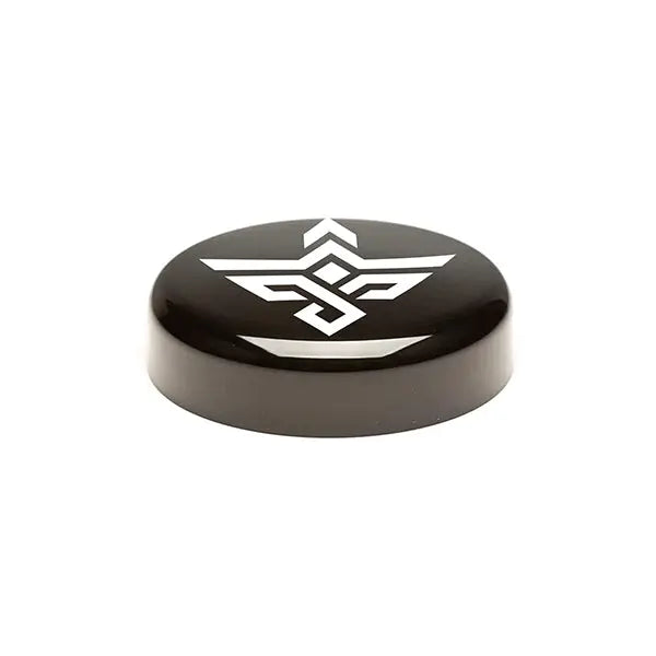 The Erozul 60 ml (2 fl oz) Screw Top Airtight Wide Mouth Ultraviolet Glass Jar keeps contents fresh and smell proof, just like a hockey puck with a white geometric logo on top—ideal for storing small items securely.