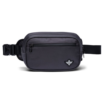 The Erozul Fortuna Smell Proof Crossbody Fanny Pack Bag is black, features a front zipper pocket, adjustable strap, buckle closure, and has a small geometric logo in the lower right corner.