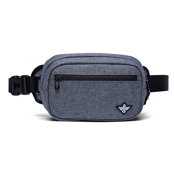The Erozul Fortuna Smell Proof Crossbody Fanny Pack Bag features gray fabric, a front zippered pocket, black strap and buckle, a small white-and-black logo at the lower right, and smell proof lining to keep your essentials fresh.
