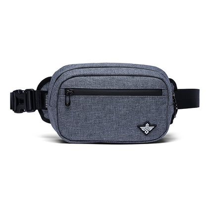 The Erozul Fortuna Smell Proof Crossbody Fanny Pack Bag features gray fabric, a front zippered pocket, black strap and buckle, a small white-and-black logo at the lower right, and smell proof lining to keep your essentials fresh.