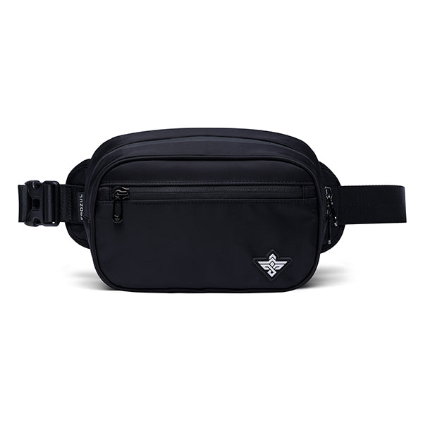 The Erozul Fortuna Smell Proof Crossbody Fanny Pack Bag is black, features a front zip pocket, adjustable buckle strap, and a small geometric logo on the lower right corner.