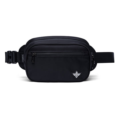 The Erozul Fortuna Smell Proof Crossbody Fanny Pack Bag is black, features a front zip pocket, adjustable buckle strap, and a small geometric logo on the lower right corner.