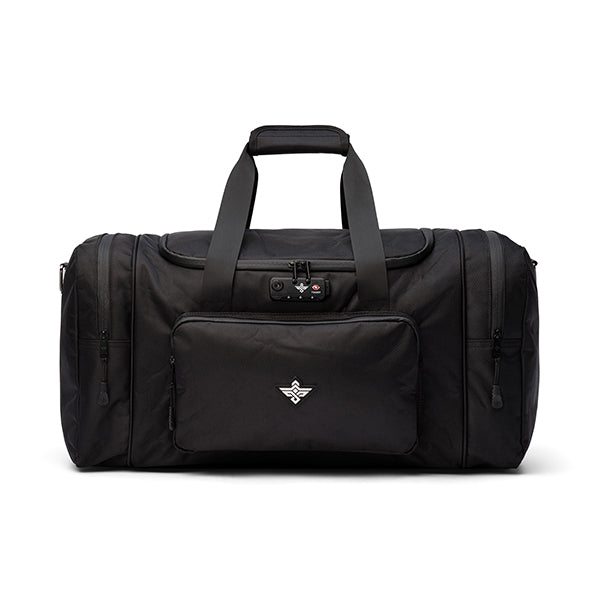 The Erozul Legion Smell Proof Duffle Bag features dual handles, a built-in combination lock, two side pockets, a front zipper pocket with a small logo, and anti-theft security in sleek black.