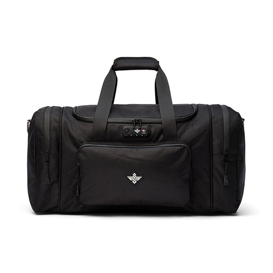 The Erozul Legion Smell Proof Duffle Bag features dual handles, a built-in combination lock, two side pockets, a front zipper pocket with a small logo, and anti-theft security in sleek black.