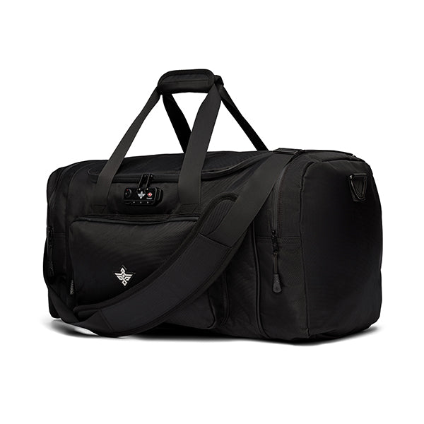 The Erozul Legion Smell Proof Duffle Bag features a black design, shoulder strap, handles, front zipper pocket, and an anti-theft combination lock on top.