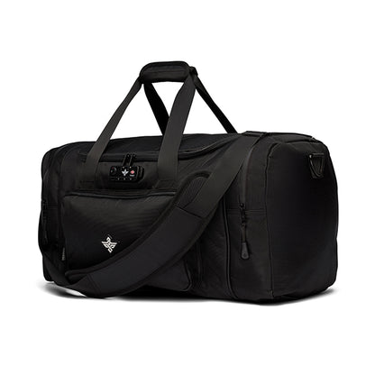 The Erozul Legion Smell Proof Duffle Bag features a black design, shoulder strap, handles, front zipper pocket, and an anti-theft combination lock on top.