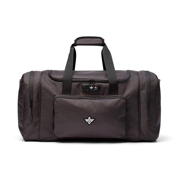 The Legion Smell Proof Duffle Bag with Combination Lock by Erozul features black zippered side and front pockets, sturdy black handles, a small emblem on the front, plus anti-theft protection for secure storage.