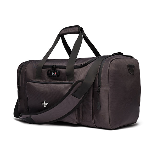 The Erozul Legion Smell Proof Duffle Bag features a shoulder strap, top handles, front zippered pocket with small logo, and built-in combination lock for added security.