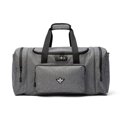 The Erozul Legion Smell Proof Duffle Bag features gray fabric, black handles, a front zip pocket, side pockets, and an anti-theft combination lock on top.