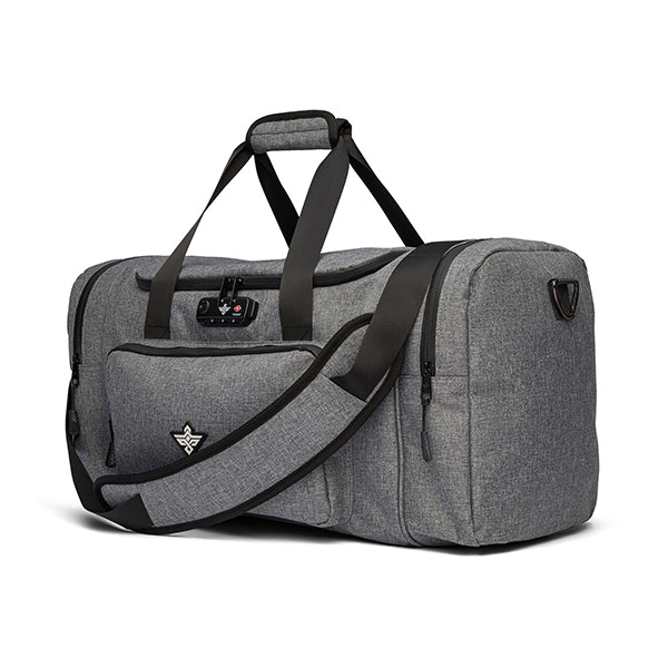 The Erozul Legion Smell Proof Duffle Bag with Combination Lock, in gray with black straps and a front zippered pocket, features a shoulder strap and is shown against a white background.