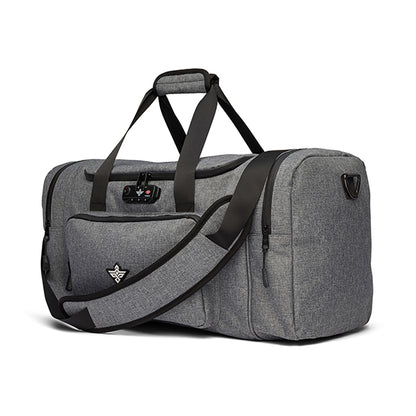 The Erozul Legion Smell Proof Duffle Bag with Combination Lock, in gray with black straps and a front zippered pocket, features a shoulder strap and is shown against a white background.