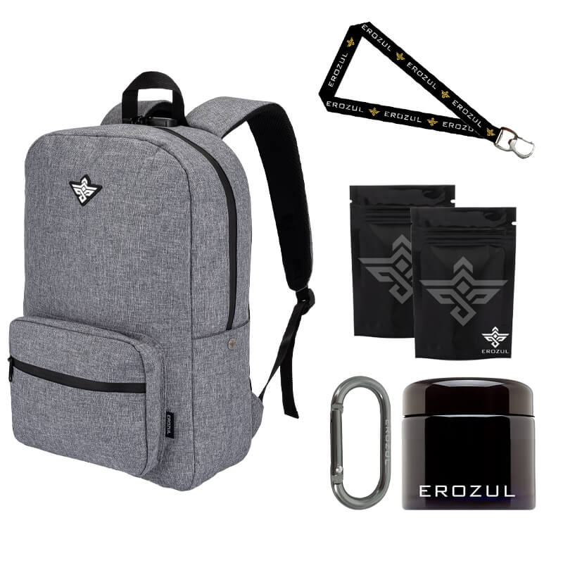 Erozul backpack, jar, mylar bags, and accessories