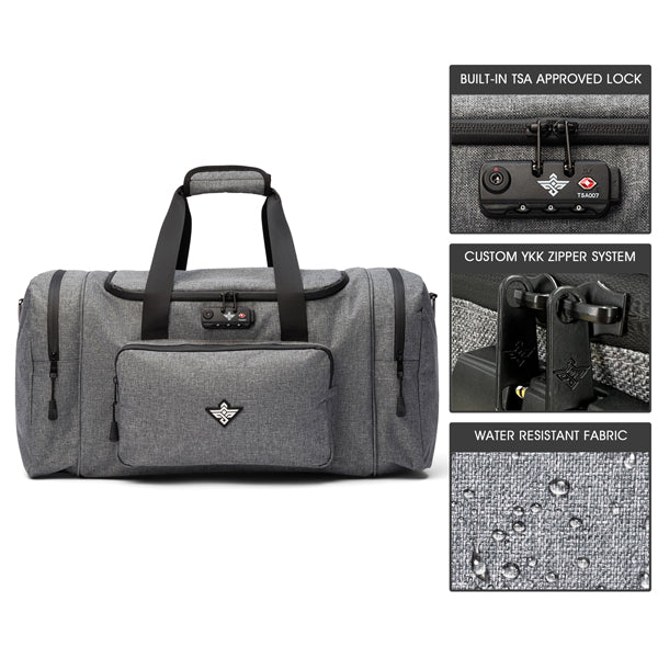 The Erozul Legion Smell Proof Duffle Bag with Combination Lock features custom YKK zippers, a front pocket, water-resistant fabric, and TSA-approved anti-theft security—all shown in close-up images.