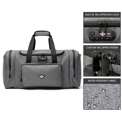 The Erozul Legion Smell Proof Duffle Bag with Combination Lock features custom YKK zippers, a front pocket, water-resistant fabric, and TSA-approved anti-theft security—all shown in close-up images.