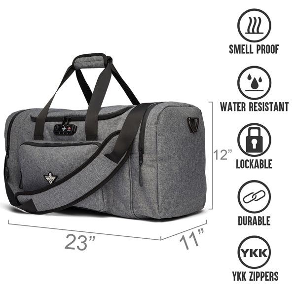 The Erozul Legion Smell Proof Duffle Bag with Combination Lock (23 x 11 x 12) features a shoulder strap, YKK zippers, and is both water resistant and odor proof—offering secure, durable storage.