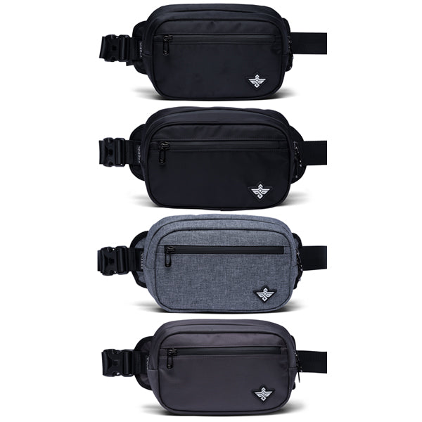 Four waist bags in different colors—black, dark gray, light gray, and black with gray accents—arranged vertically, each featuring a small logo on the lower right corner.