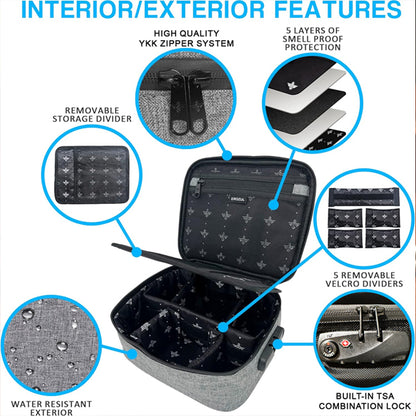 Open the Exodus Smell Proof Case With Combination Lock by Erozul, featuring removable storage dividers, a water-resistant exterior, premium zipper, activated charcoal lining for odor control, and a TSA-approved lock.