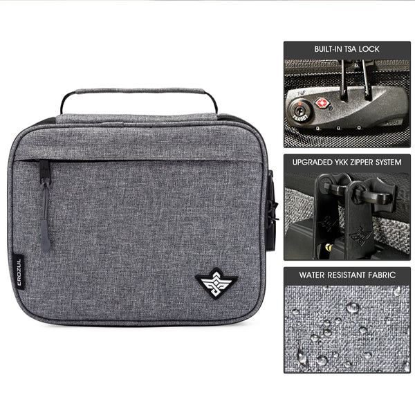 The Erozul Exodus Smell Proof Case With Combination Lock is a gray travel bag featuring a front pocket, carrying handle, logo, TSA-approved lock, upgraded YKK zipper system, water-resistant fabric with droplets, and smell proof design.