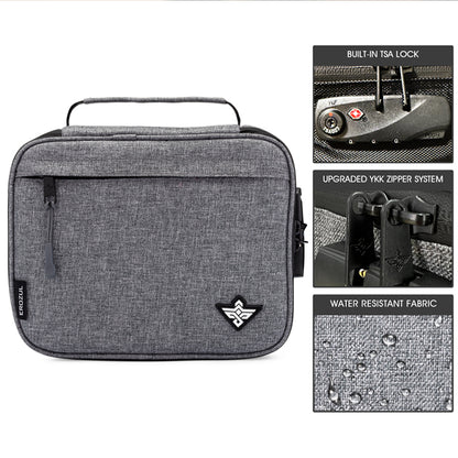 The Erozul Exodus Smell Proof Case With Combination Lock is a gray travel bag featuring a front pocket, carrying handle, logo, TSA-approved lock, upgraded YKK zipper system, water-resistant fabric with droplets, and smell proof design.